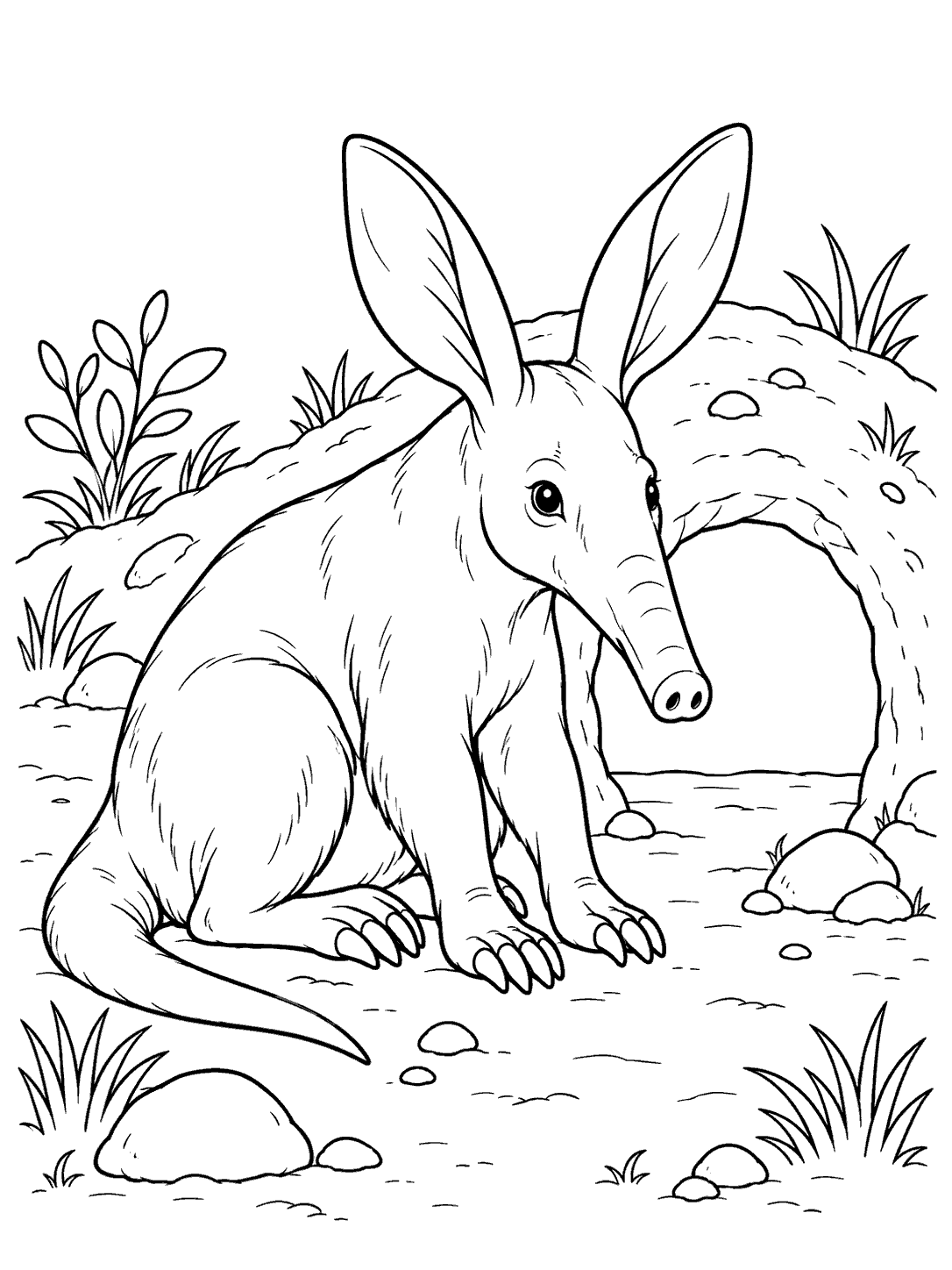 Black-and-white coloring page showing a large-eared aardvark beside an arched burrow, with stones and sparse plants.
