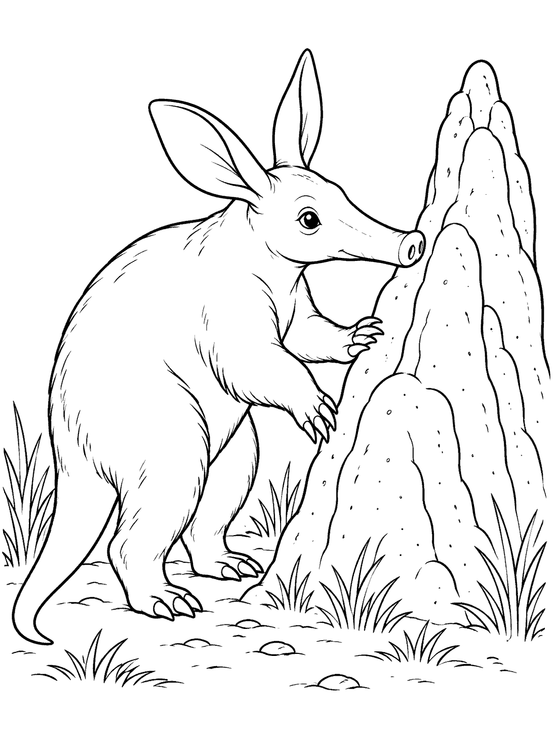 An aardvark with a long snout and large ears investigates a tall, ridged termite mound, surrounded by sparse grass.