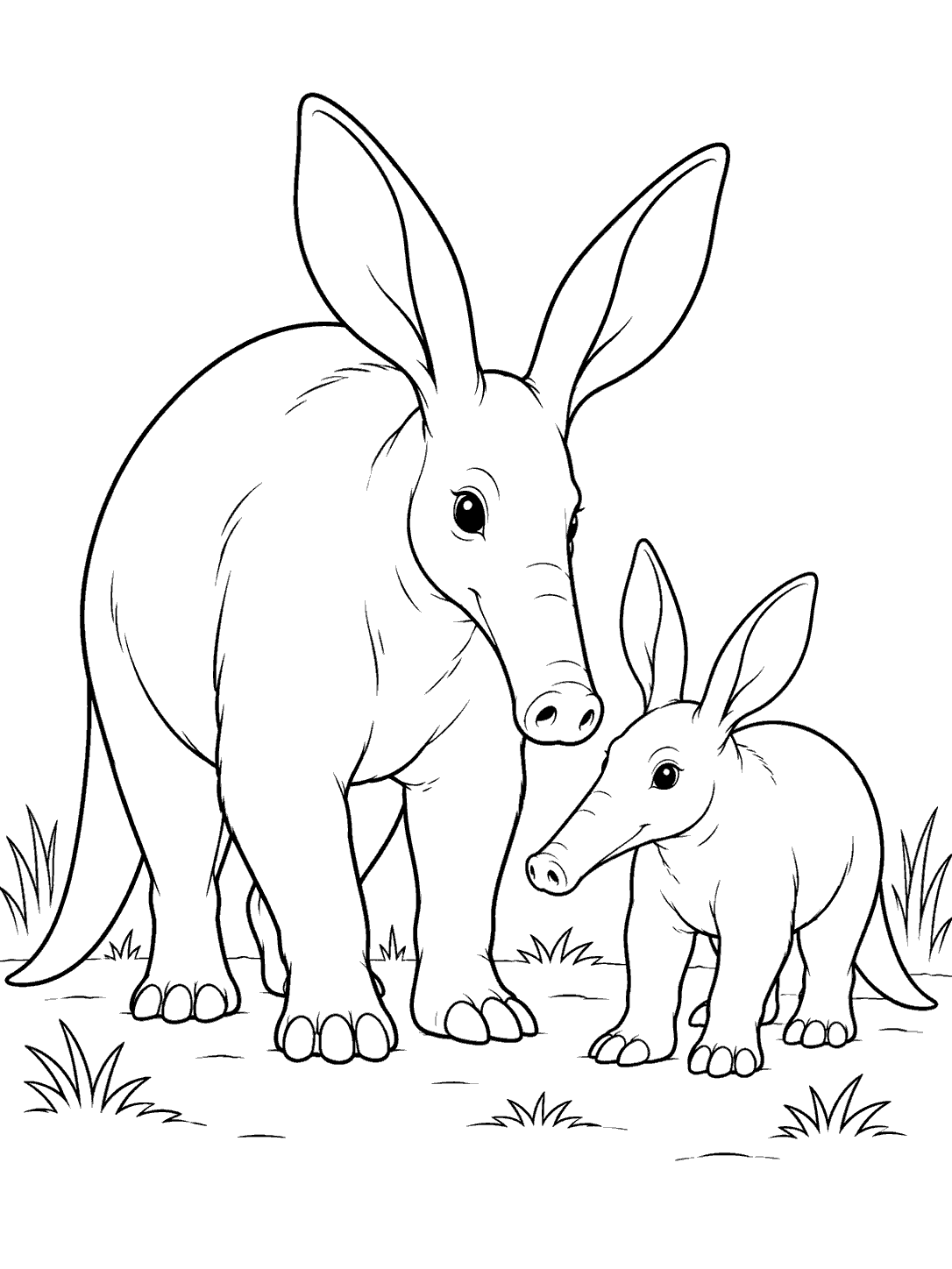 Black-and-white coloring page of a large aardvark standing beside a smaller aardvark in a grassy clearing.