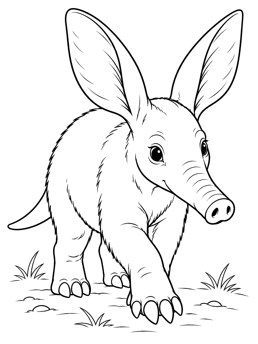 Black-and-white coloring page showing a young aardvark with large ears and a long snout stepping across a few ground lines.