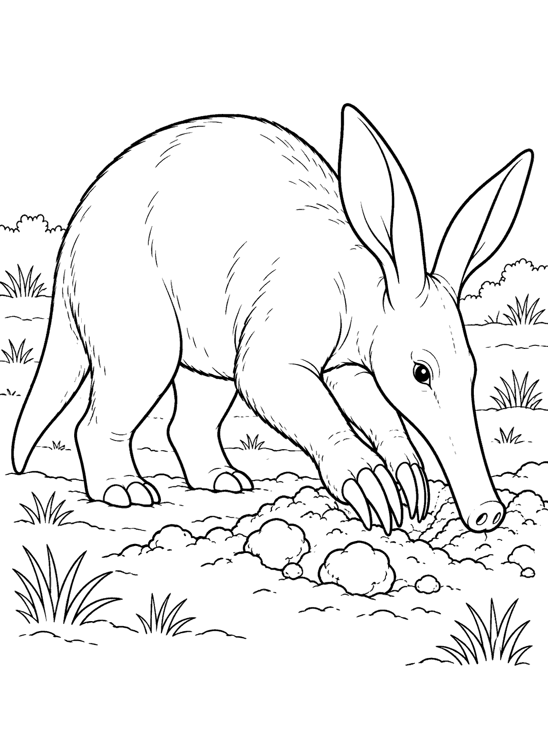 Side-view aardvark digging among soil clumps and tufts of grass coloring page