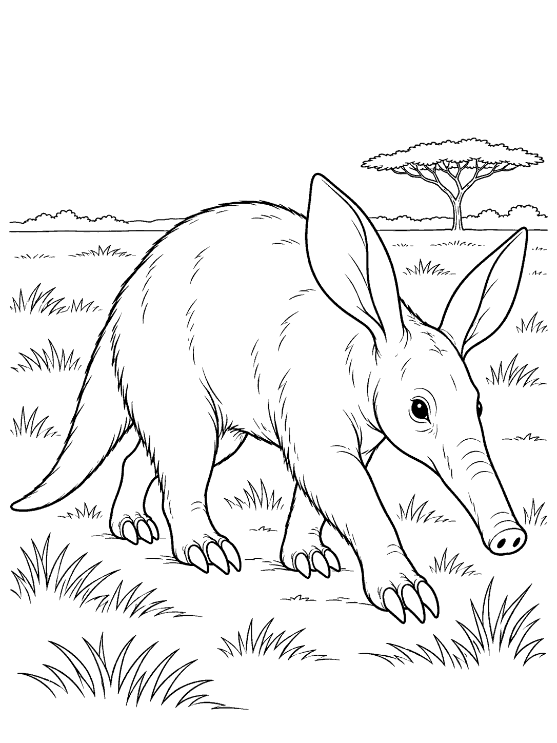 Black-and-white coloring page of a large, long-snouted aardvark with prominent ears walking among sparse savannah grasses, with a distant acacia tree.