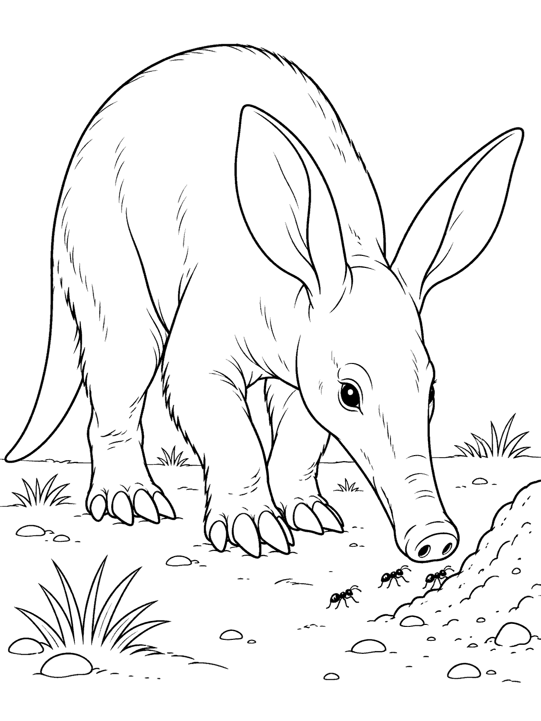 Black-and-white aardvark coloring page showing the animal leaning toward a few ants near a mound.