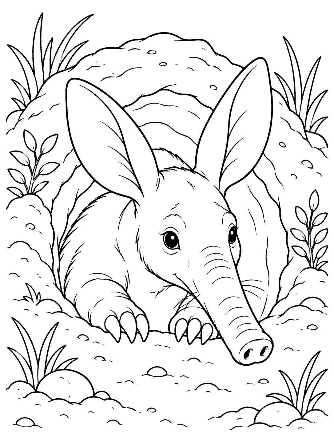 Black-and-white aardvark coloring page showing its large ears, long snout, and front paws at a burrow entrance.