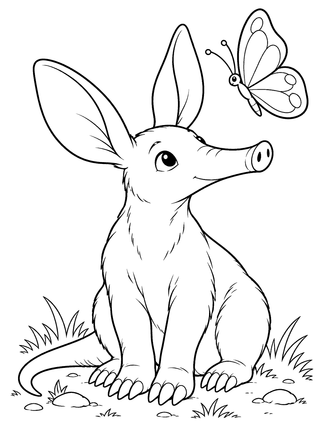 A seated aardvark looks up at a butterfly in a black-and-white coloring page.