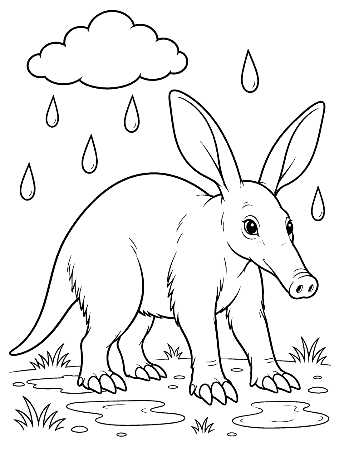 Black-and-white aardvark coloring page showing the animal standing in a light rain shower beneath a cloud, with separated raindrops, puddles, and small grass tufts.