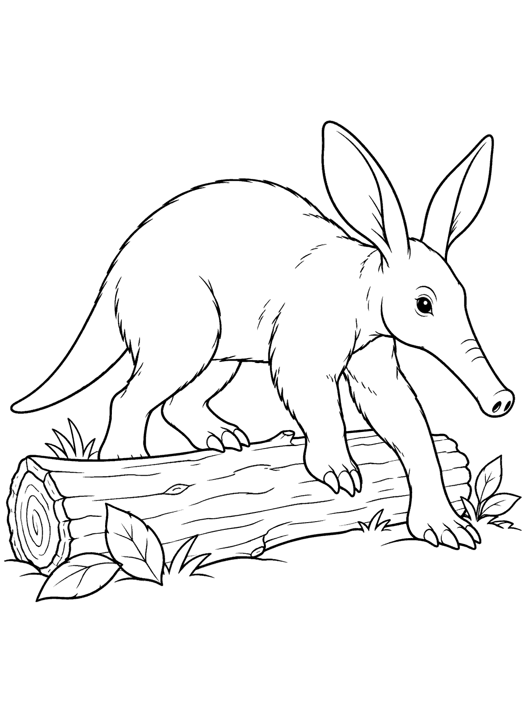 Black-and-white coloring page showing a long-snouted aardvark stepping over a broad fallen log, with a few leaves nearby.