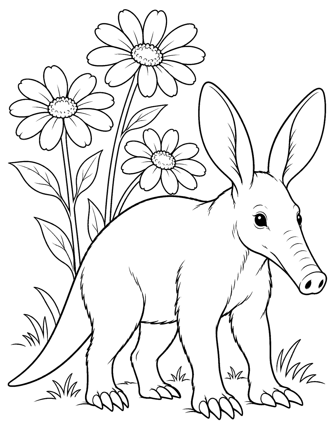 A black-and-white coloring page showing an aardvark beside three tall wildflowers.