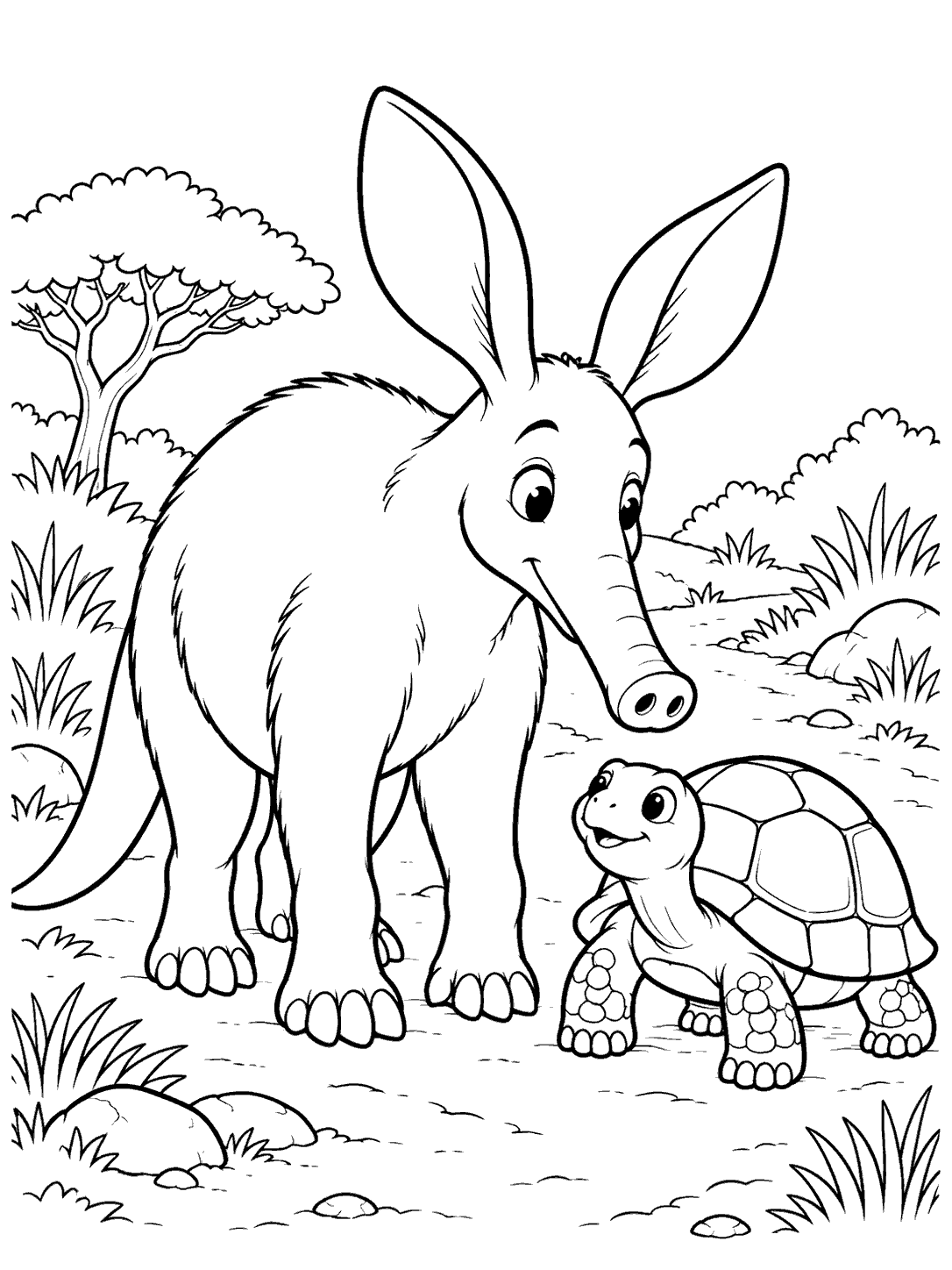 A friendly long-snouted aardvark with large ears stands beside a small tortoise with a broad segmented shell on a path, among grass, rocks, and a tree.