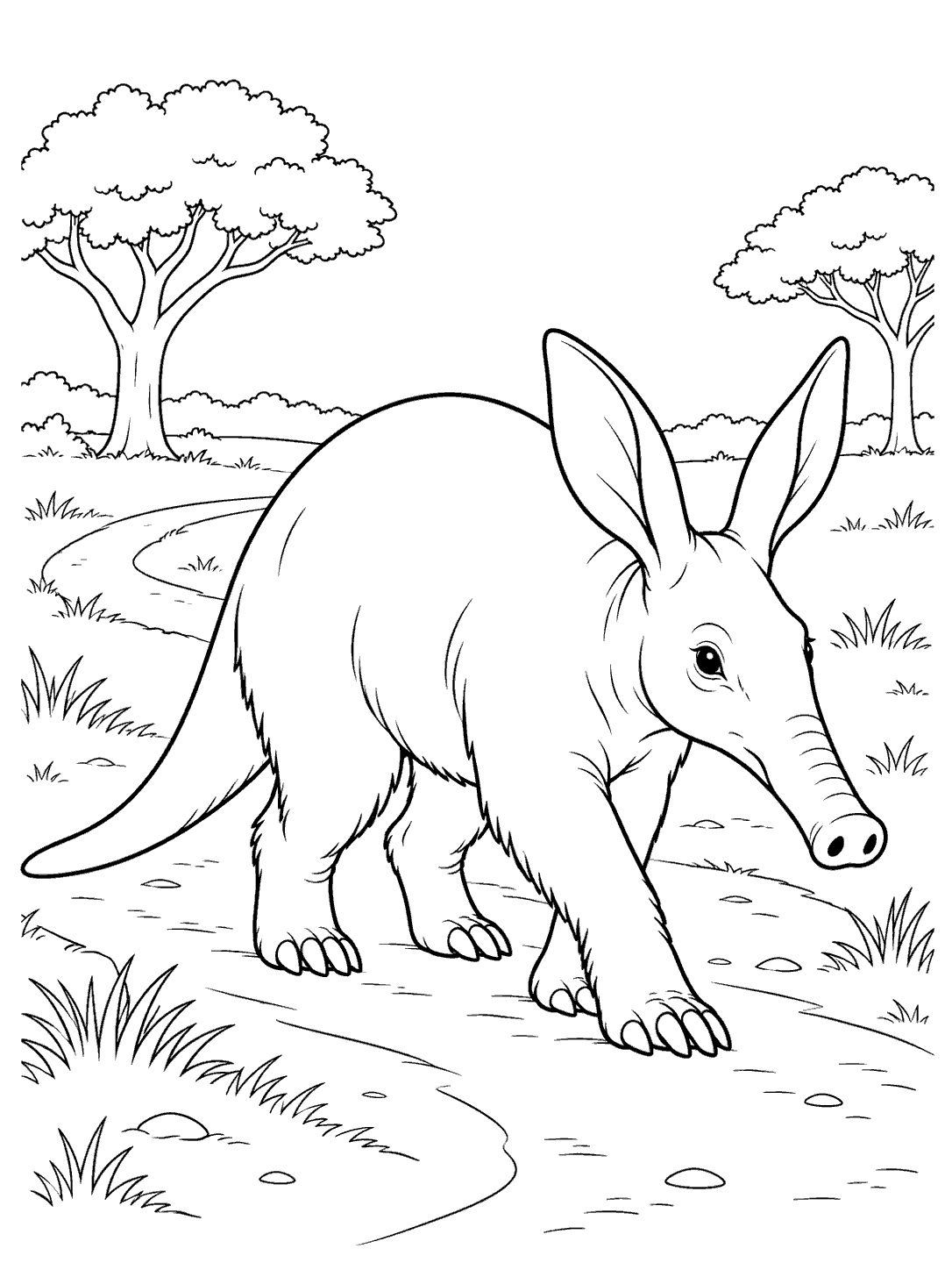 A black-and-white aardvark coloring page showing the animal walking on a winding path with two trees in the background.