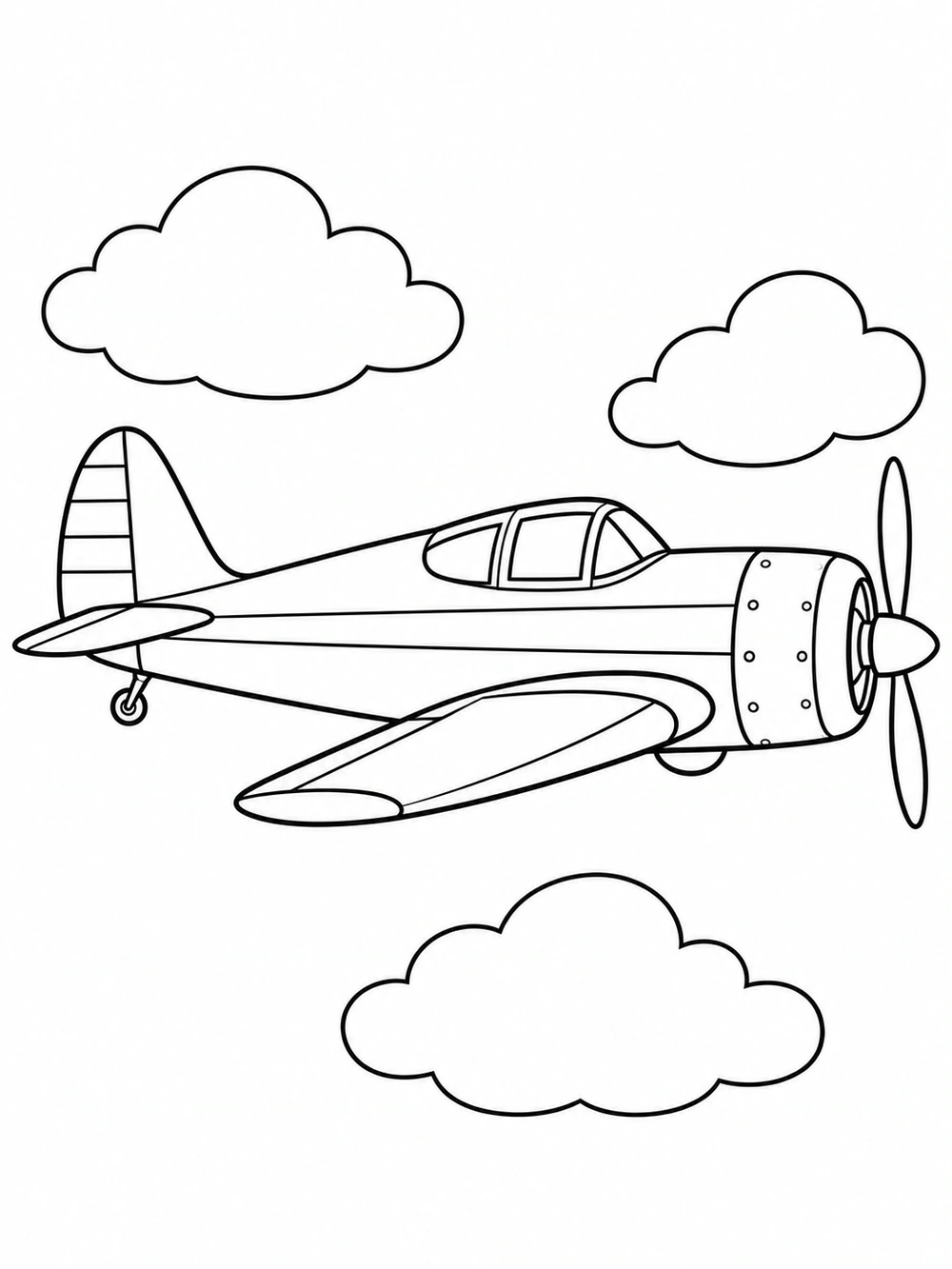 Black-and-white coloring page showing a side-view propeller airplane among three clouds.