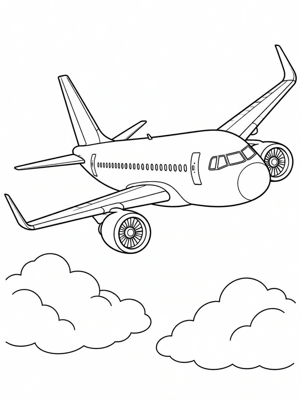 Black outline coloring page of a modern passenger jet with visible engines and cockpit windows flying above two clouds.