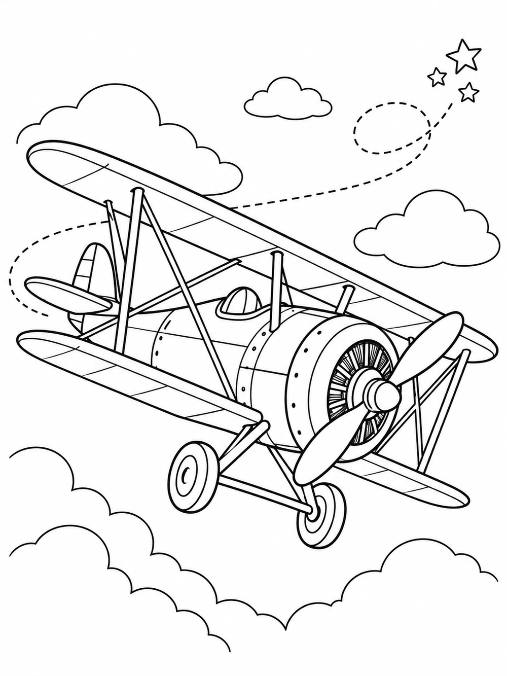 Biplane airplane coloring page with visible wings, struts, propeller, clouds, and a dotted flight trail ending at stars.