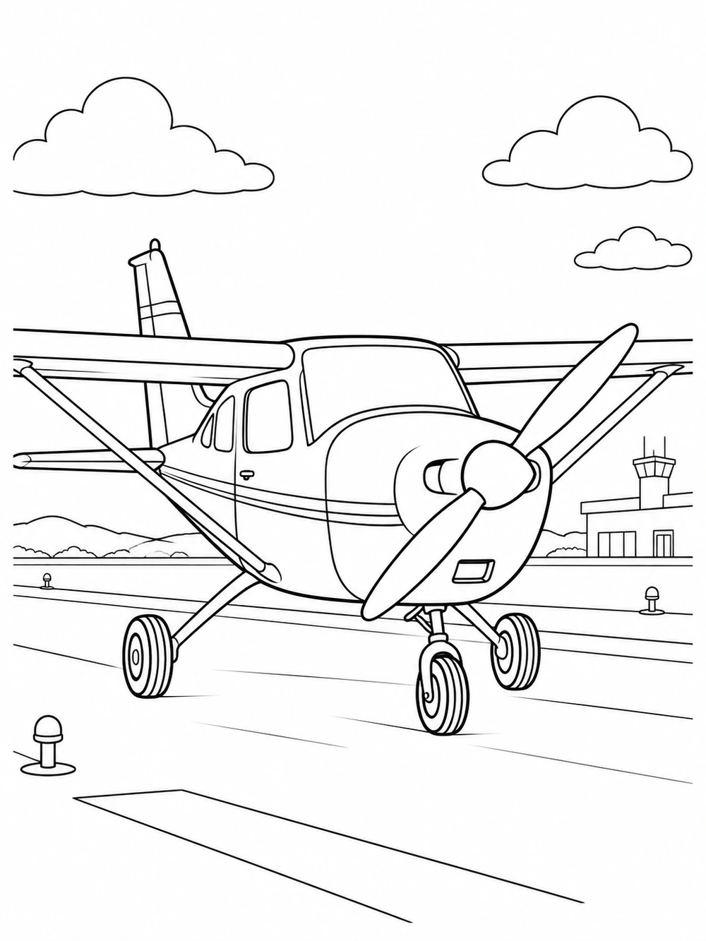 Black-line coloring page of a single-engine airplane on a runway, with clouds and a small airport building.