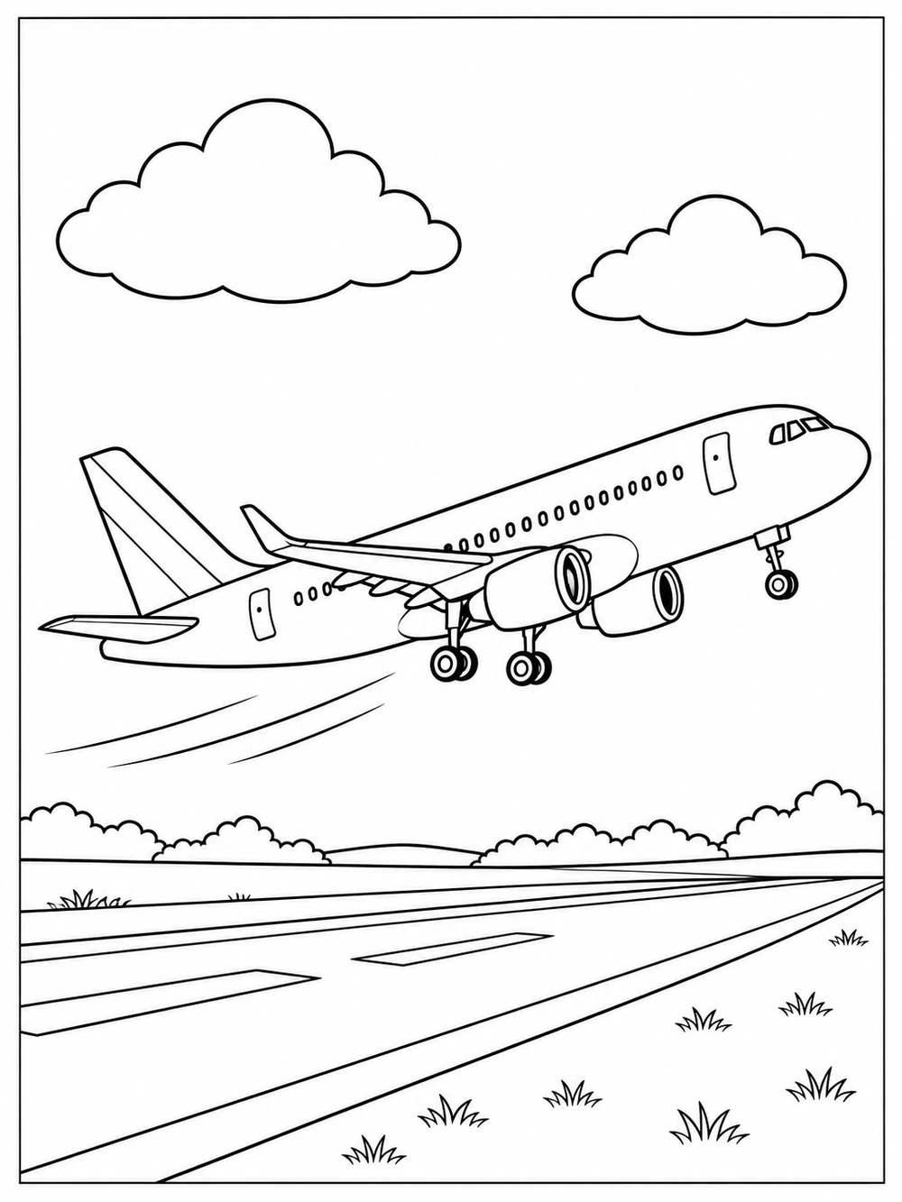 Airplane taking off coloring page, with landing gear down, two clouds, and a runway below.