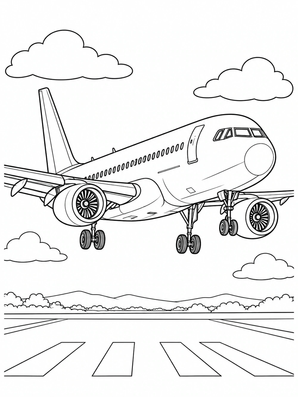 Airplane coloring page showing a large passenger plane approaching a runway, with clouds and threshold stripes.
