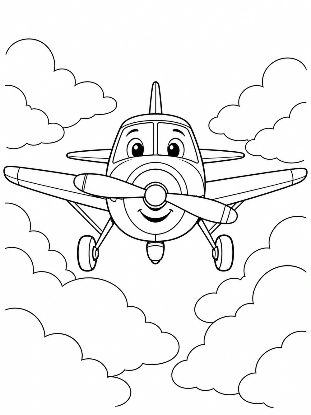 Front-facing smiling single-engine airplane with propeller, wings, wheels, and large clouds, in black-and-white coloring-page line art.
