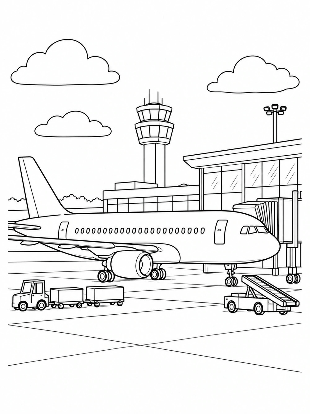 Black-and-white airplane coloring page showing a passenger plane at an airport gate, terminal, control tower, clouds, and ground vehicles.