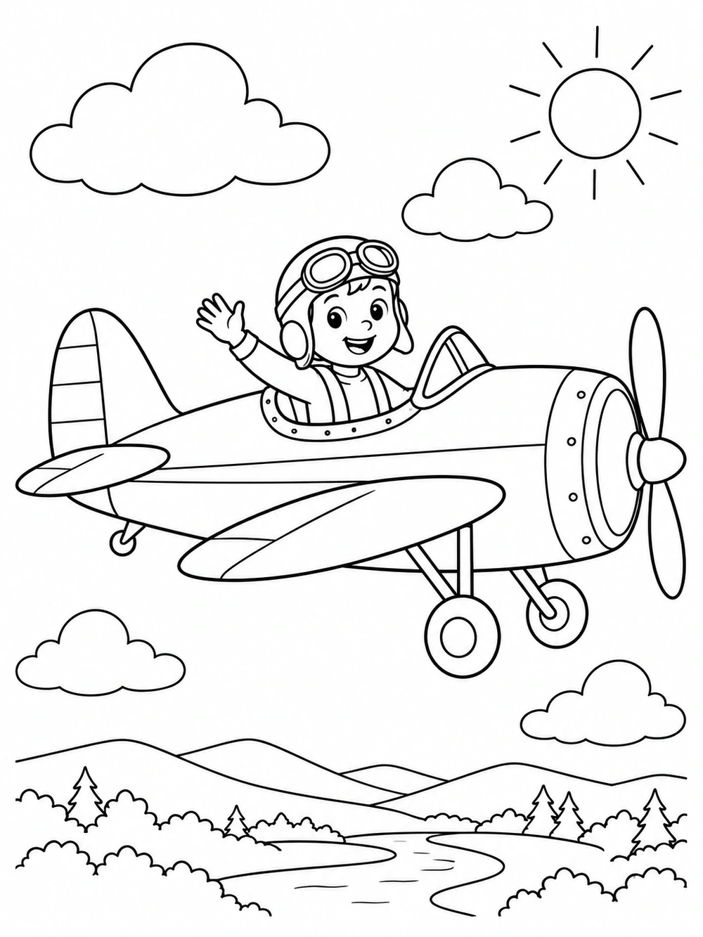 Smiling pilot waving from an open-cockpit airplane above a river valley, with clouds and sun.
