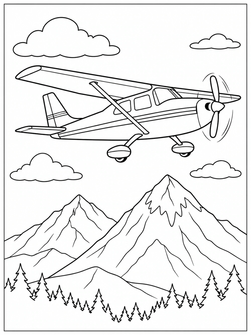 Propeller airplane crossing above snowy mountain peaks and pine trees coloring page