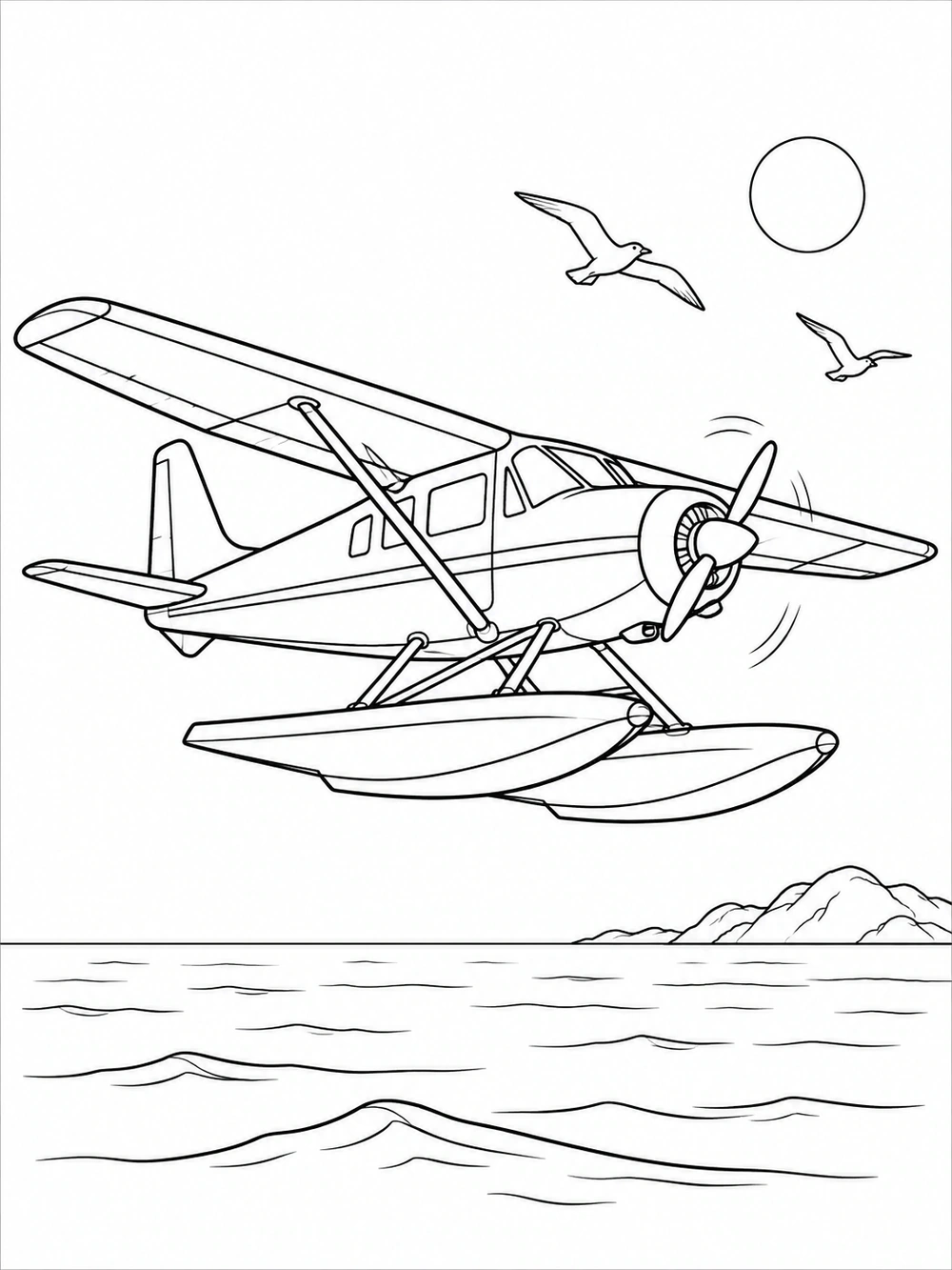 Floatplane with pontoons flying above ocean waves, with a sun and two seabirds in the distance.