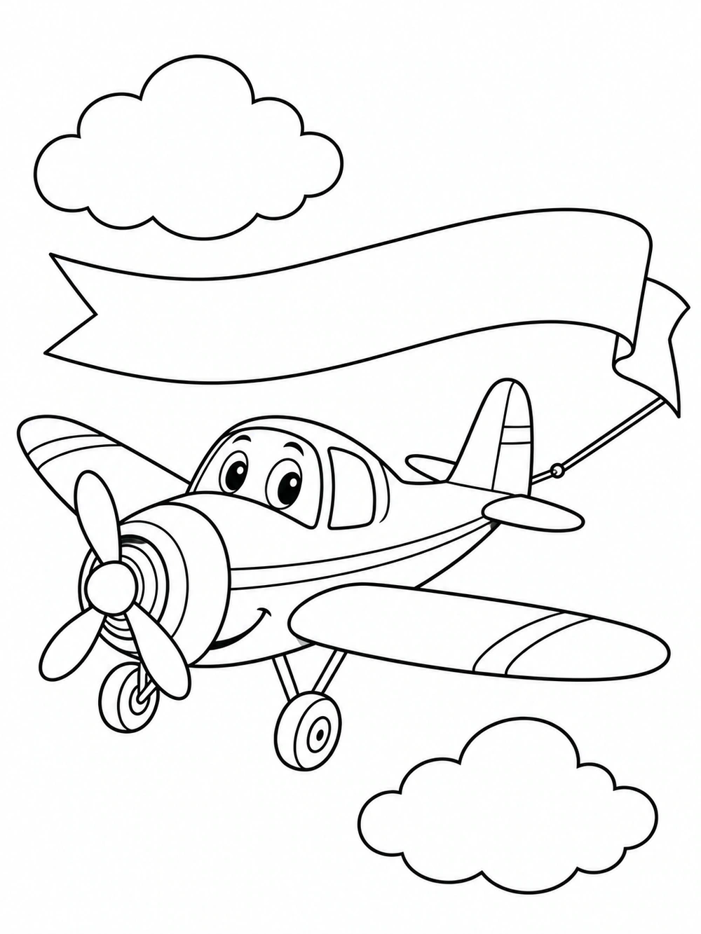 Playful propeller airplane towing a blank ribbon banner between two clouds, in a coloring page.