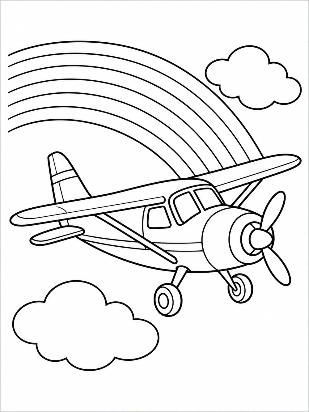 Black and white coloring page showing a detailed propeller airplane flying in front of a broad arc rainbow and two clouds.