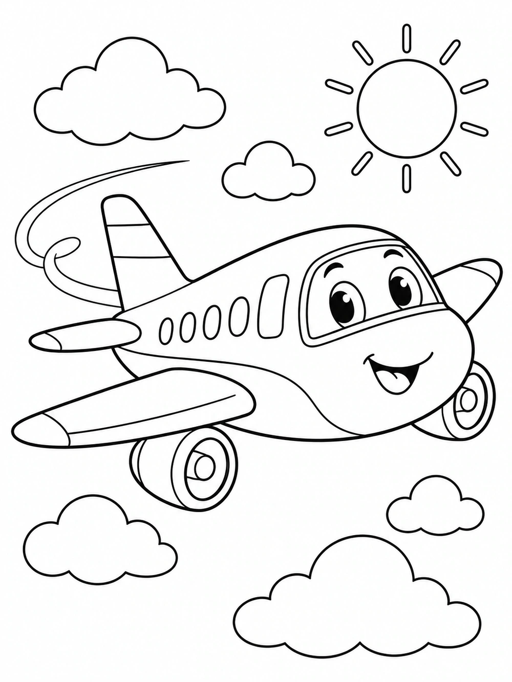 Cute smiling cartoon airplane with a curved motion trail, sun, and clouds in a black-and-white coloring page.