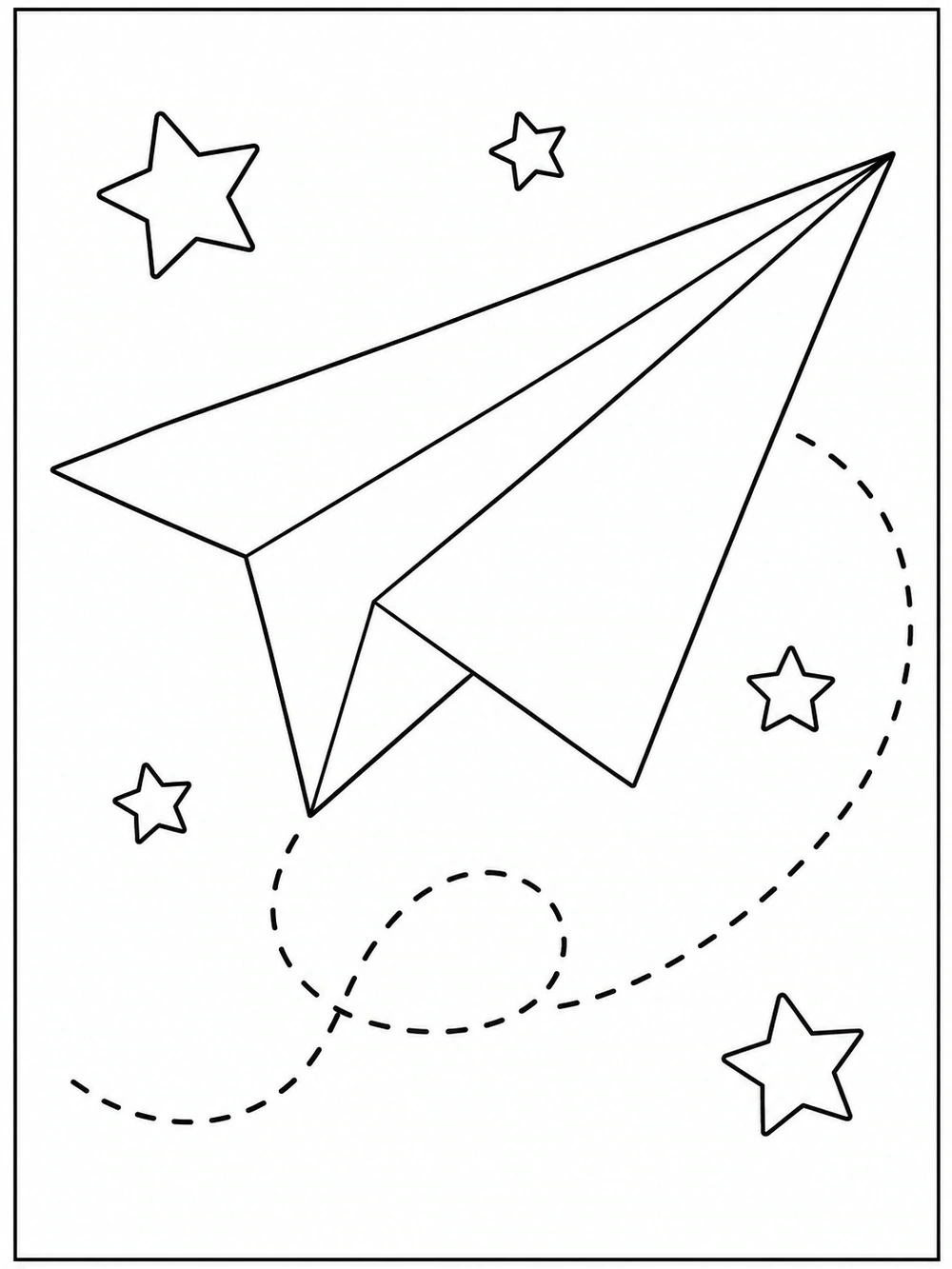 Paper airplane coloring page with clear fold lines, a looping dotted flight path, and stars.