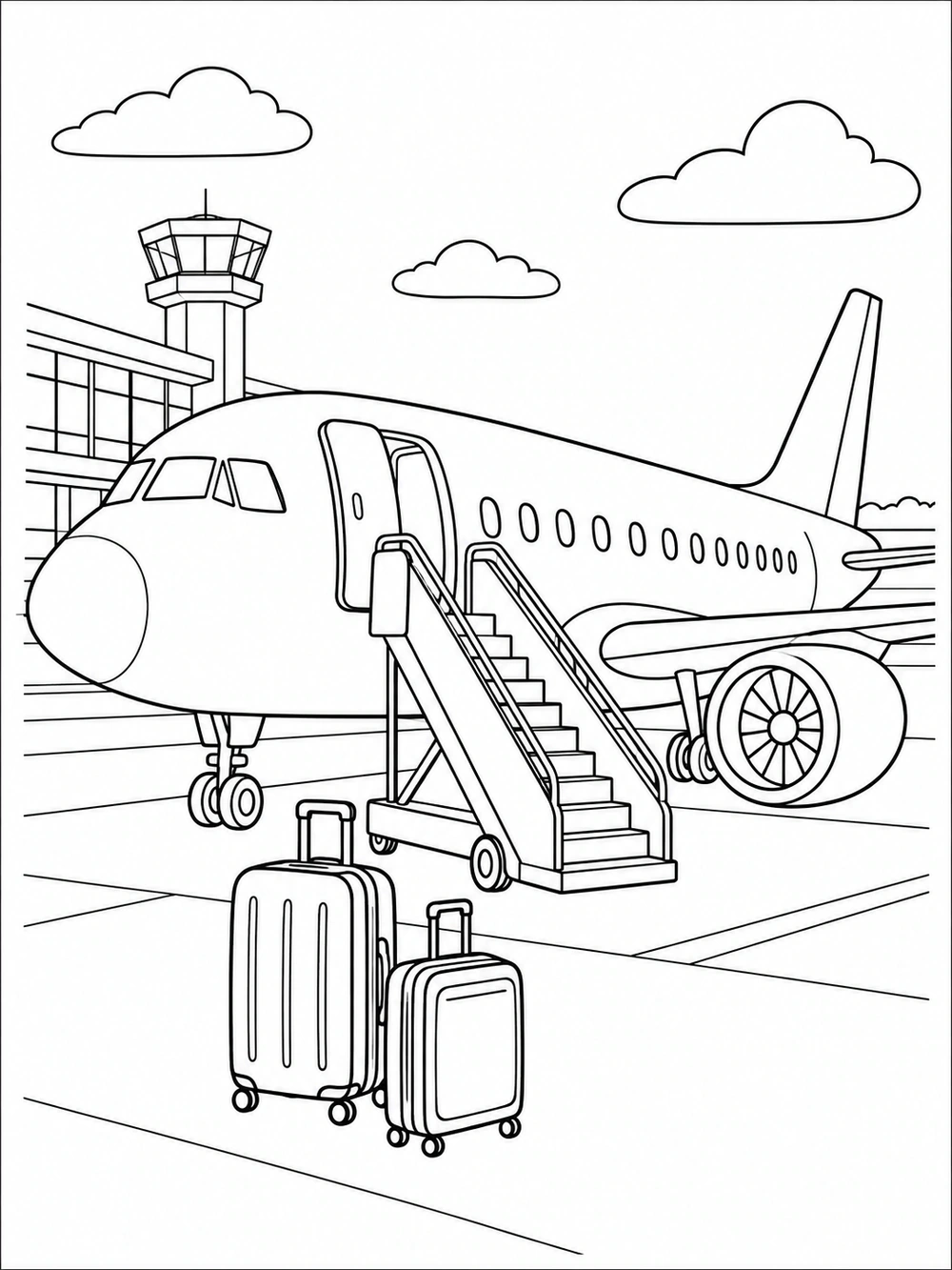 Black outline coloring page of a passenger airplane at an airport, boarding stairs, and two suitcases.