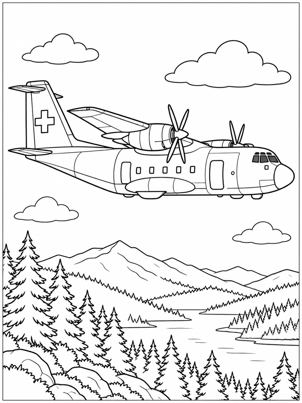 Black-and-white rescue airplane coloring page with a medical cross on its tail, flying above a forested ridge and lake.