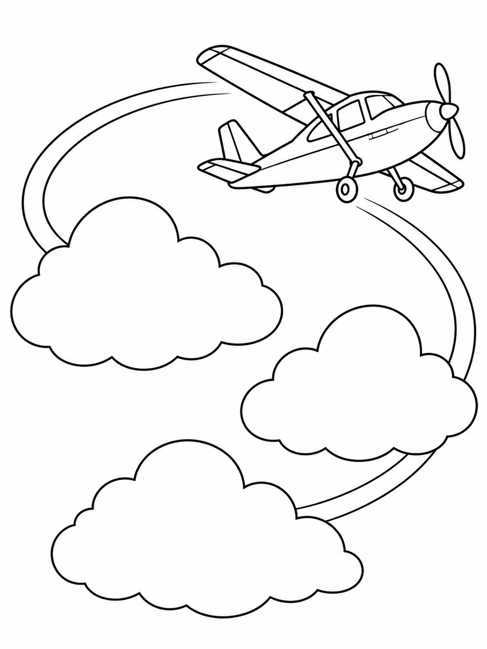 Black-line airplane flying above three clouds with a broad looping trail, coloring page