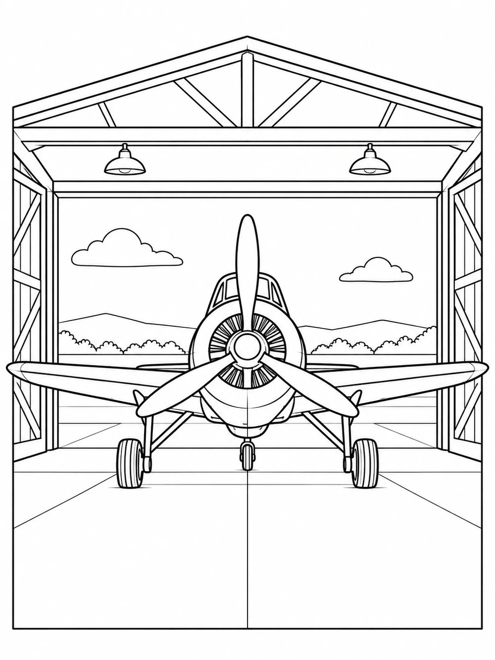 Front-facing propeller airplane parked inside an open hangar coloring page