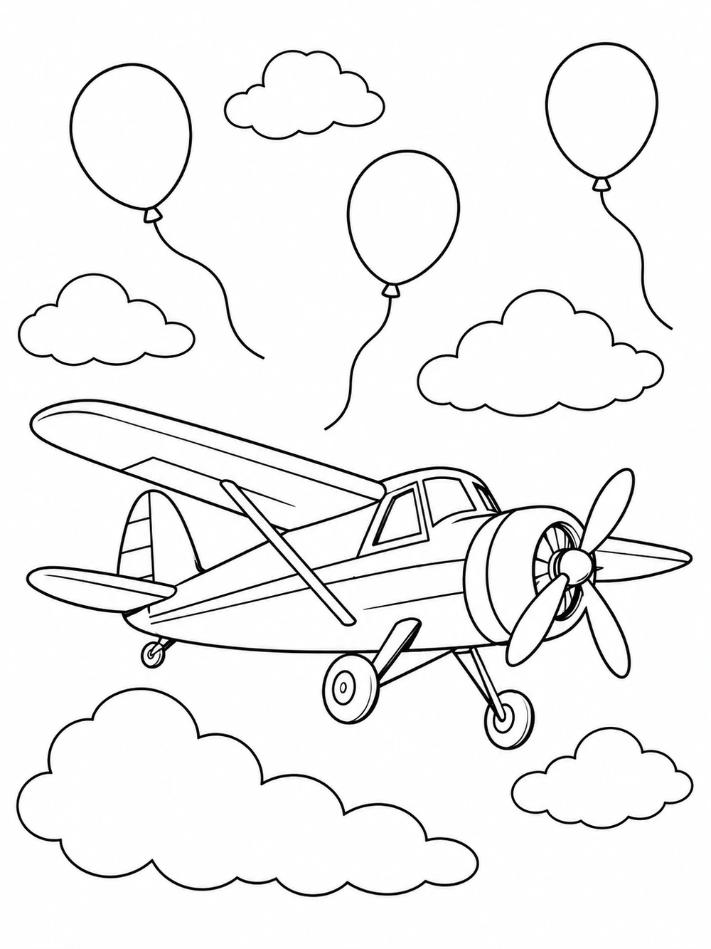 Black-and-white coloring page with a classic airplane, three floating balloons, and clouds.