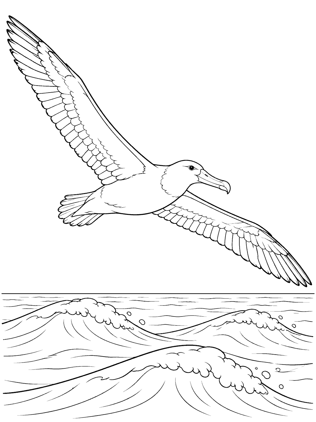Wandering albatross with outstretched wings above ocean waves, in a printable coloring page