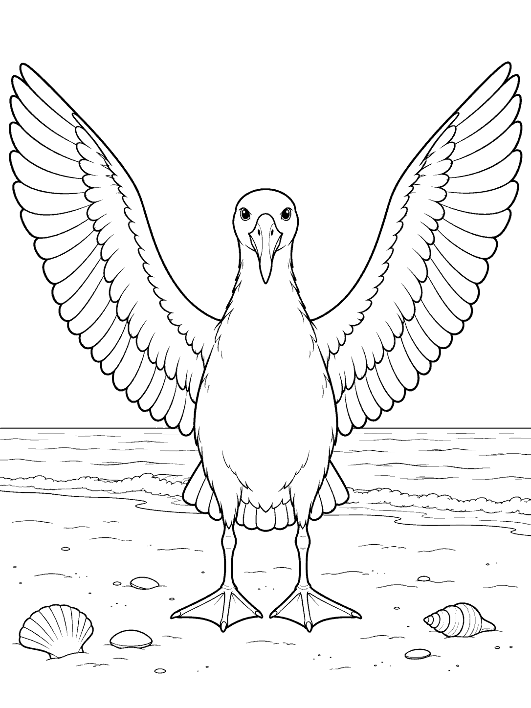 Front-facing albatross with long wings spread wide, standing among shells on a beach beside a calm waterline, in black-and-white coloring-page line art.