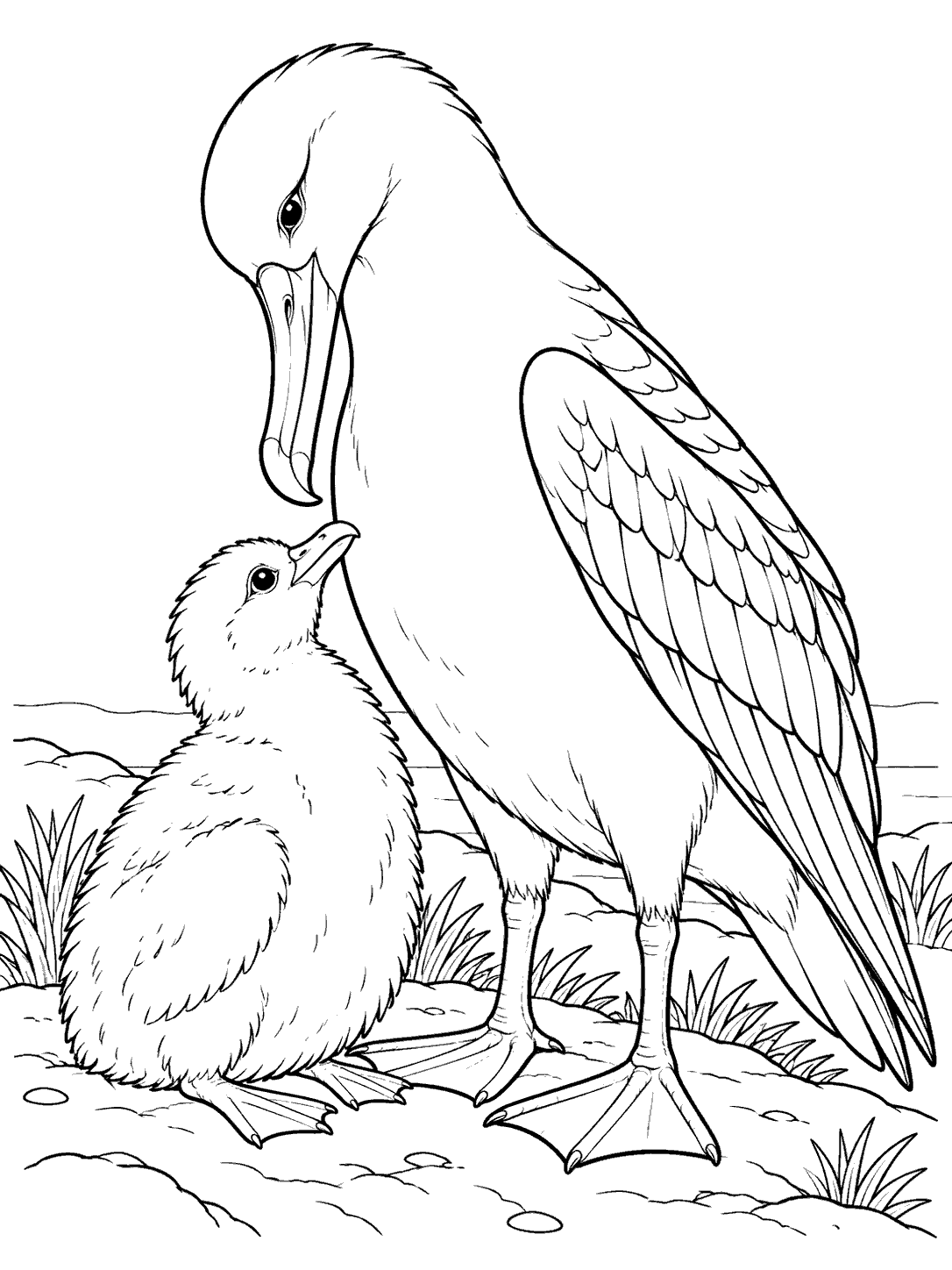 Albatross parent with long wings and large bill standing beside a smaller fluffy chick on an island shore, black-and-white coloring page.