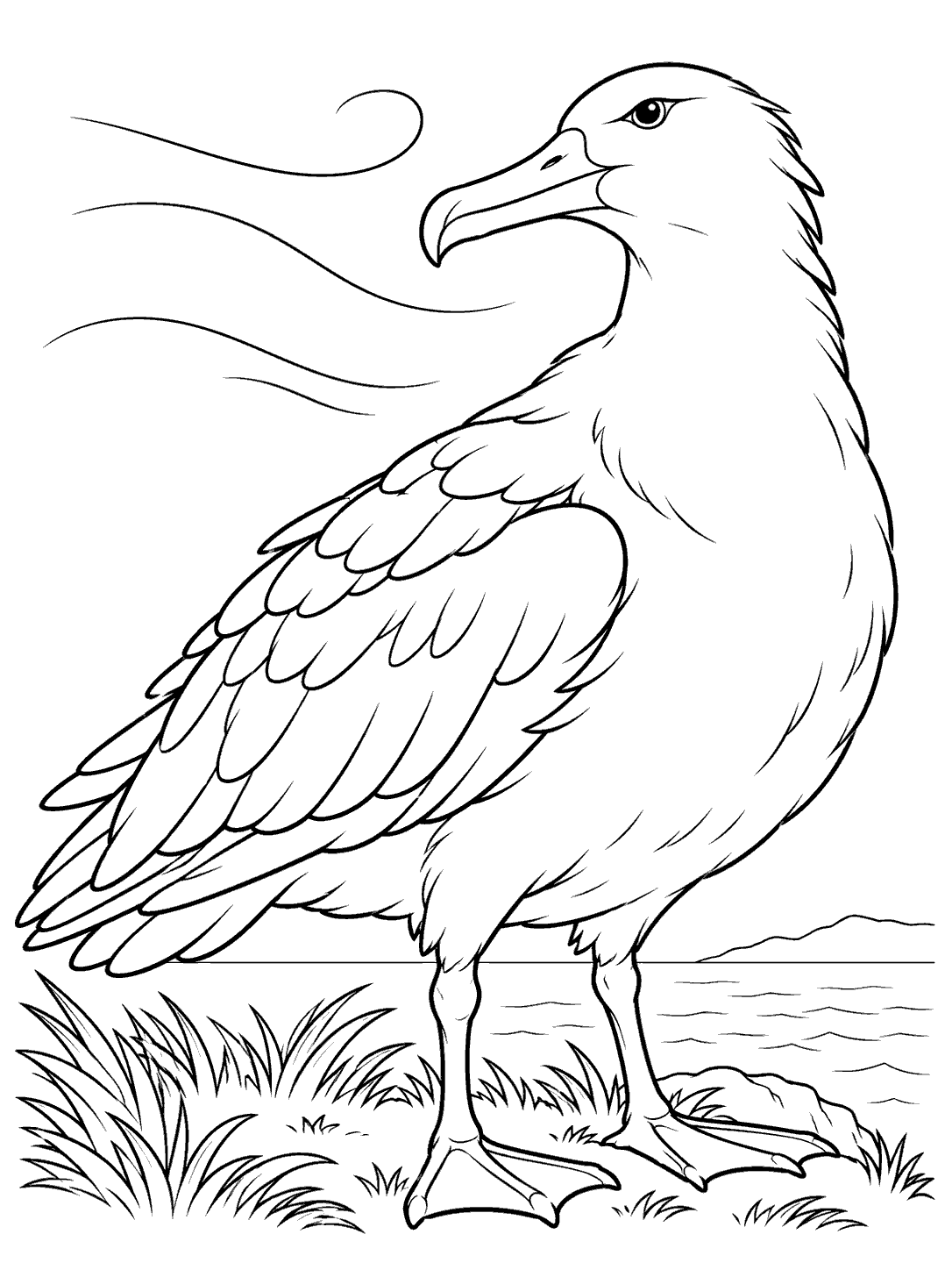 Albatross standing among coastal grass with curved breeze lines in a coloring page