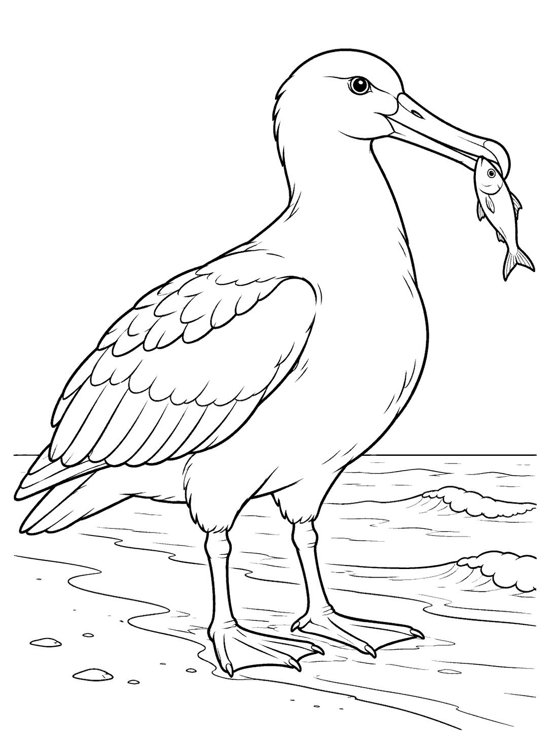 Albatross holding a fish at the shore coloring page