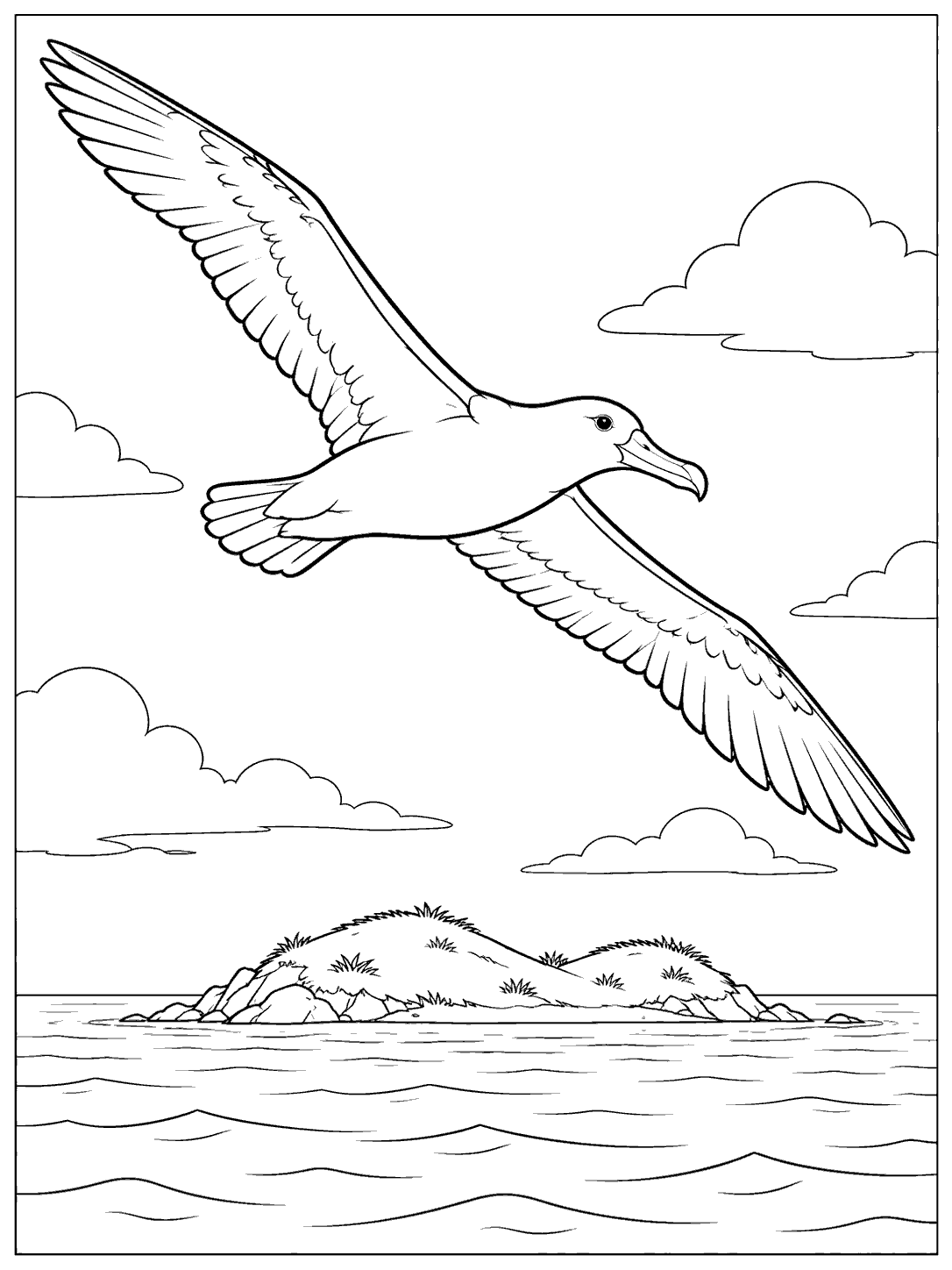 Large albatross flying over a small grassy island surrounded by water, in a black-and-white coloring page