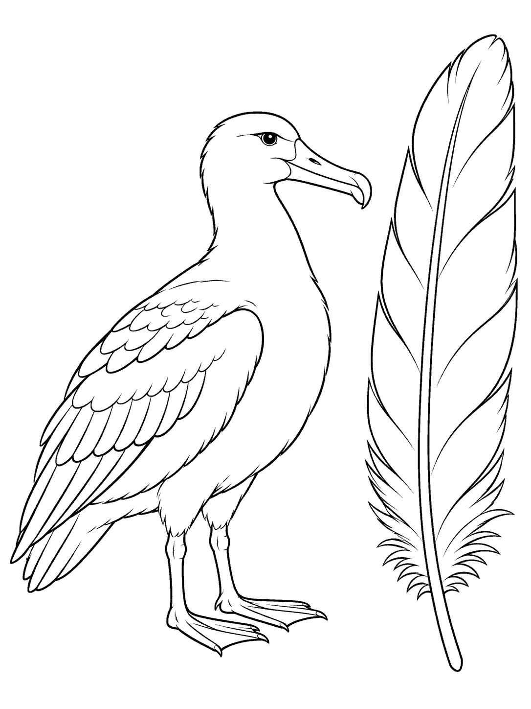 Black outline coloring page showing a standing albatross beside a large feather