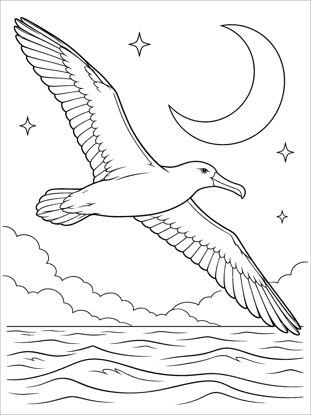 Albatross flying beneath a crescent moon coloring page