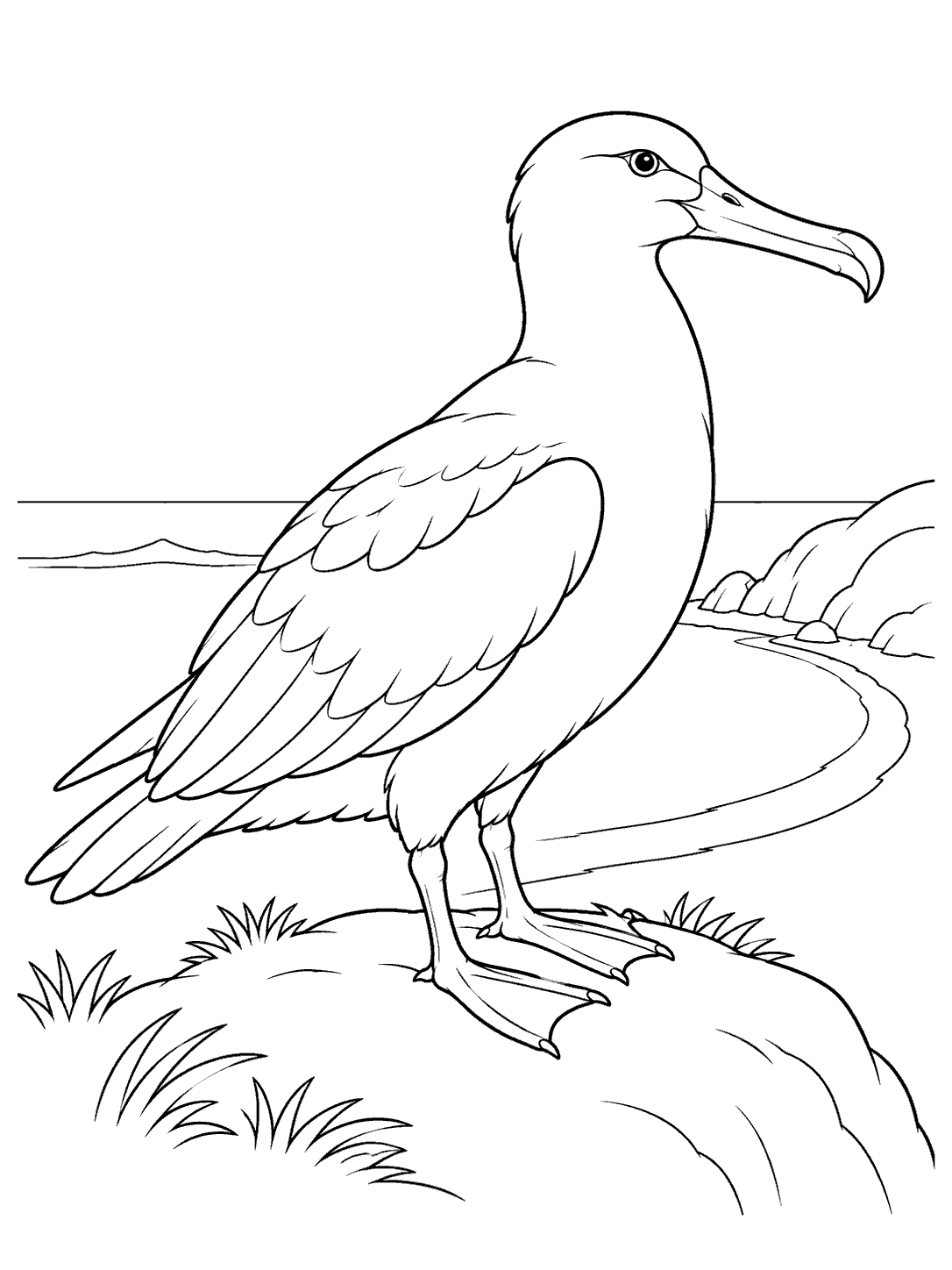 Albatross overlooking a coastal cove coloring page