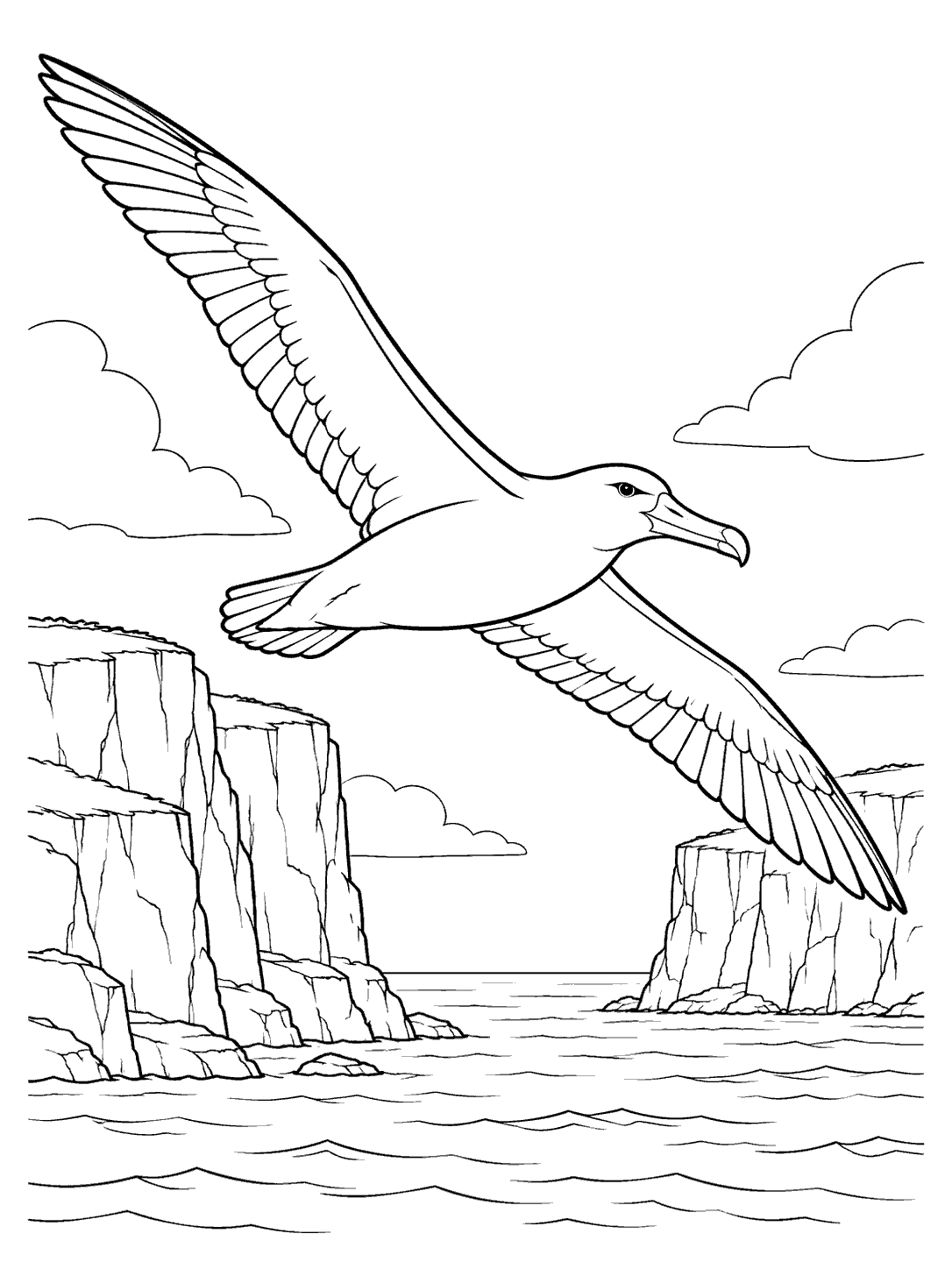 Outstretched albatross flying between sea cliffs above the water in a coloring page