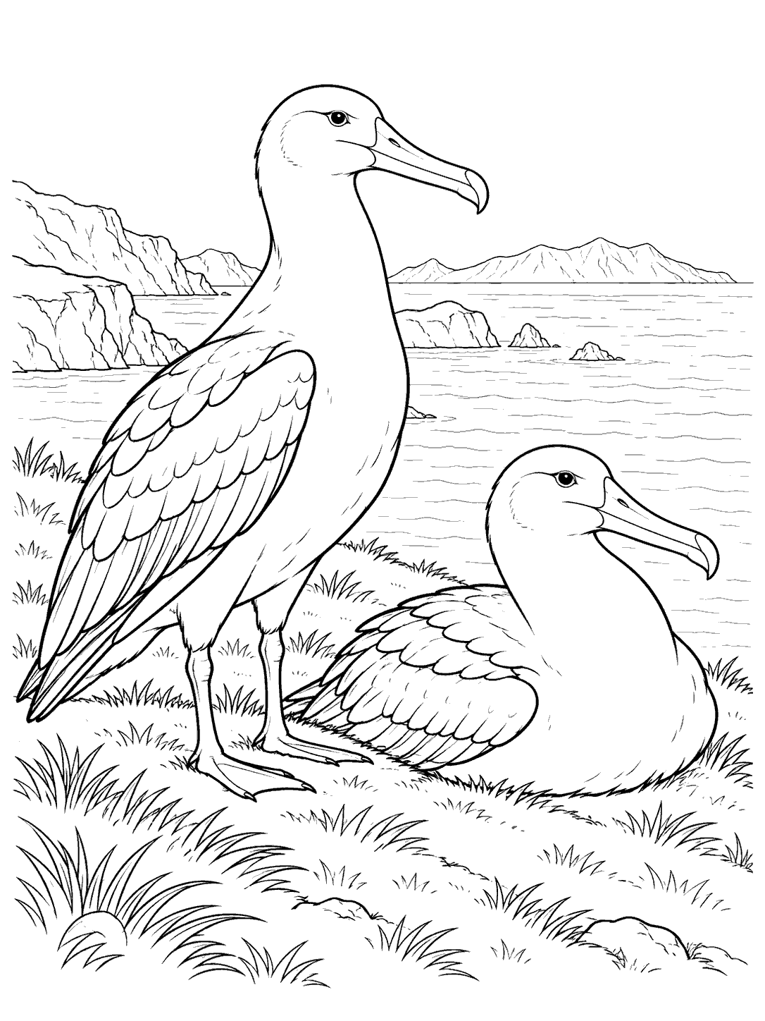 One standing and one seated albatross on a grassy island shore, in a black-and-white coloring page.