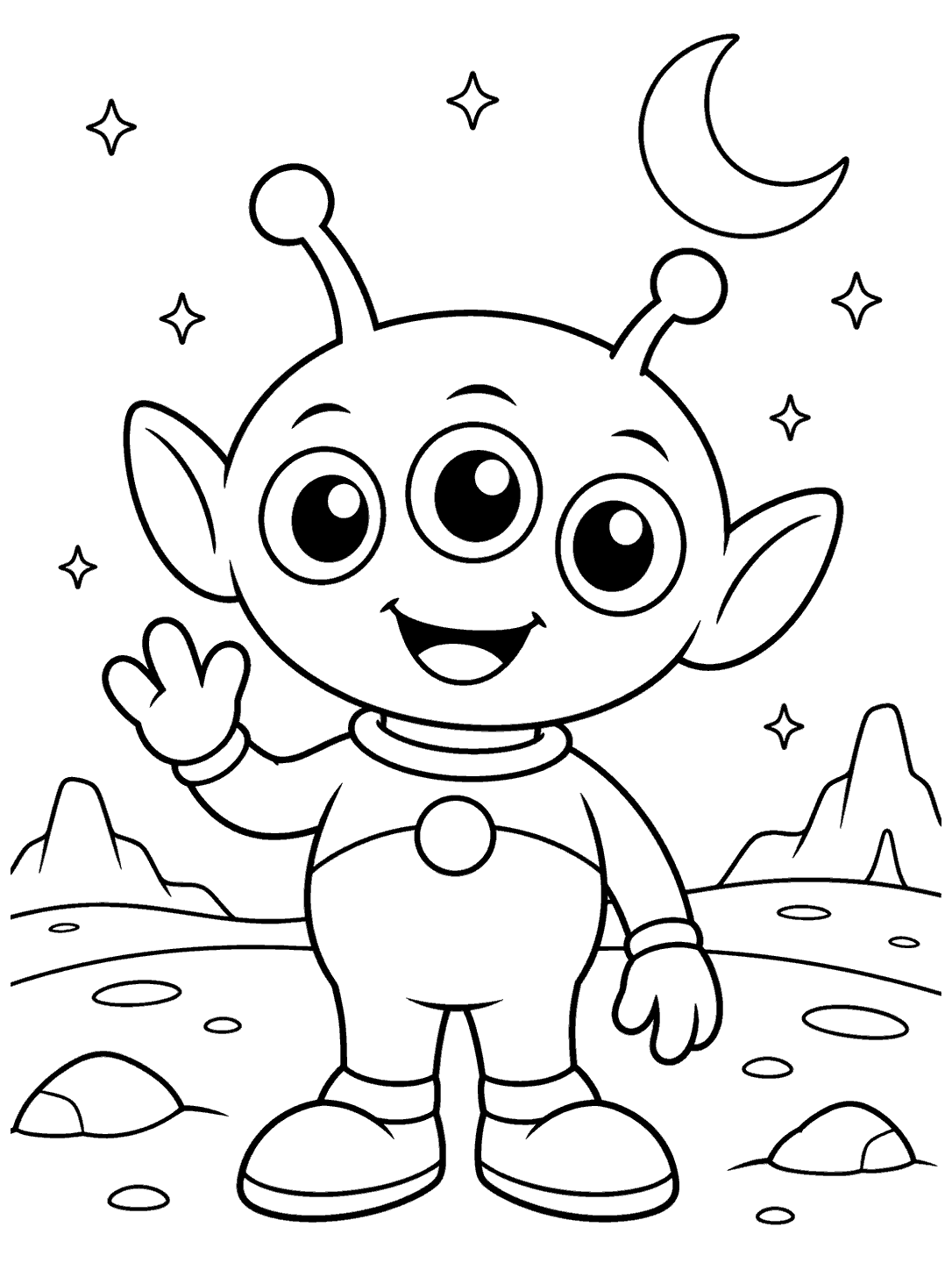 Friendly three-eyed alien waving beneath a crescent moon