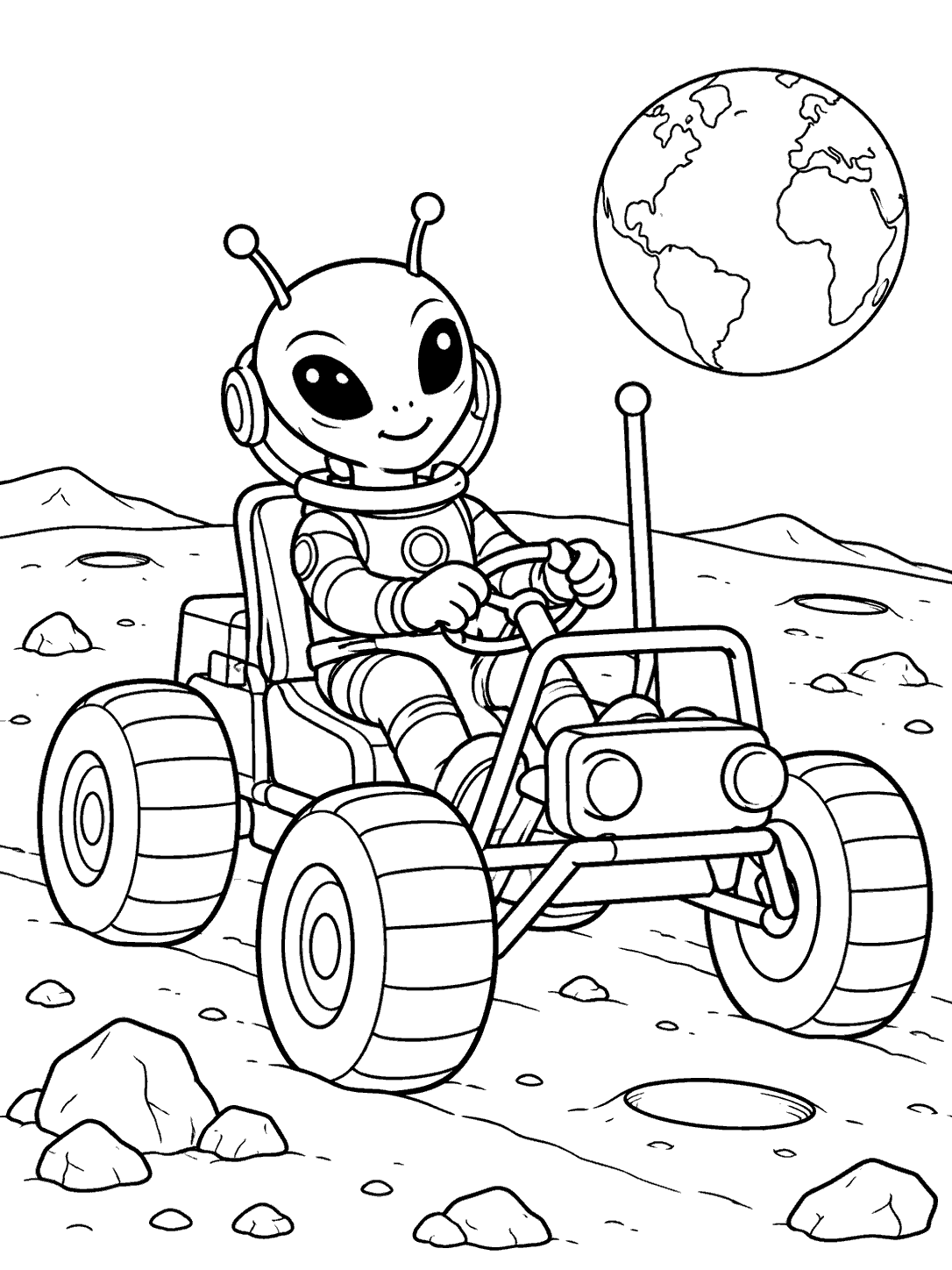 A suited alien with a clear face drives an open four-wheeled moon rover across a lunar landscape, with a planet in the sky.