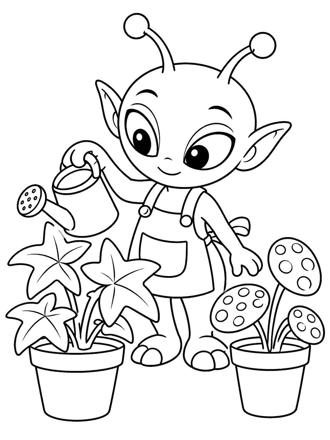 A smiling alien in a gardening apron waters two potted plants, one with star-shaped leaves and one with spotted leaves.
