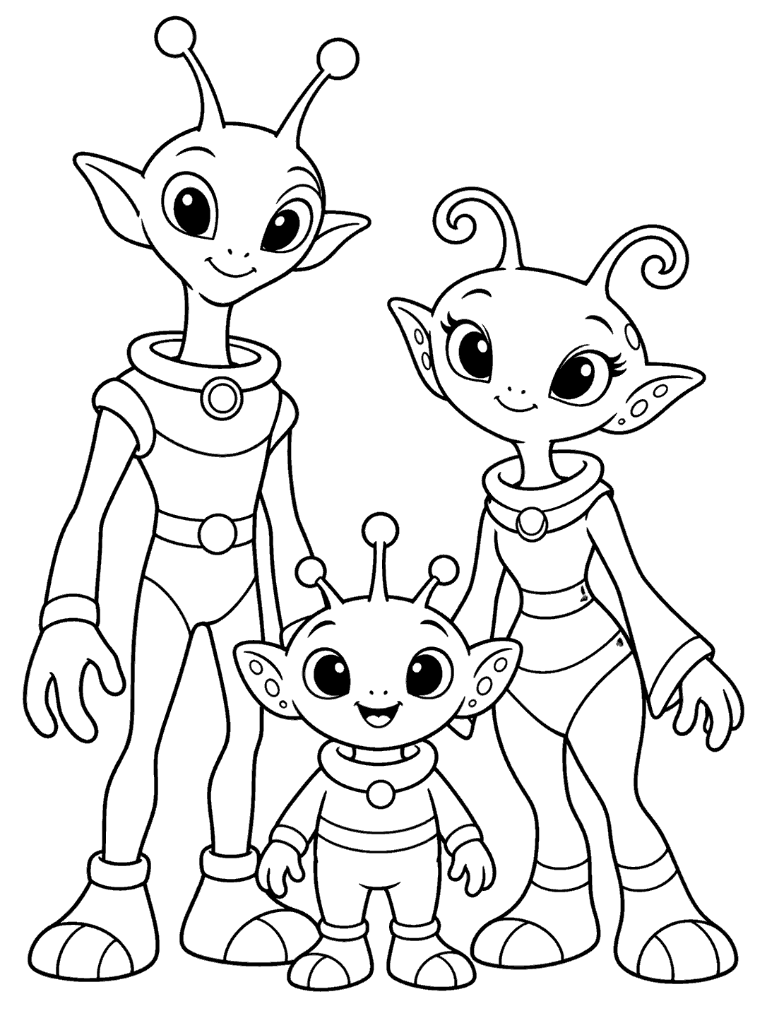 A tall alien, a medium alien, and a small alien stand together, each with distinct antennae, friendly expressions, and simple collars and clothing bands.