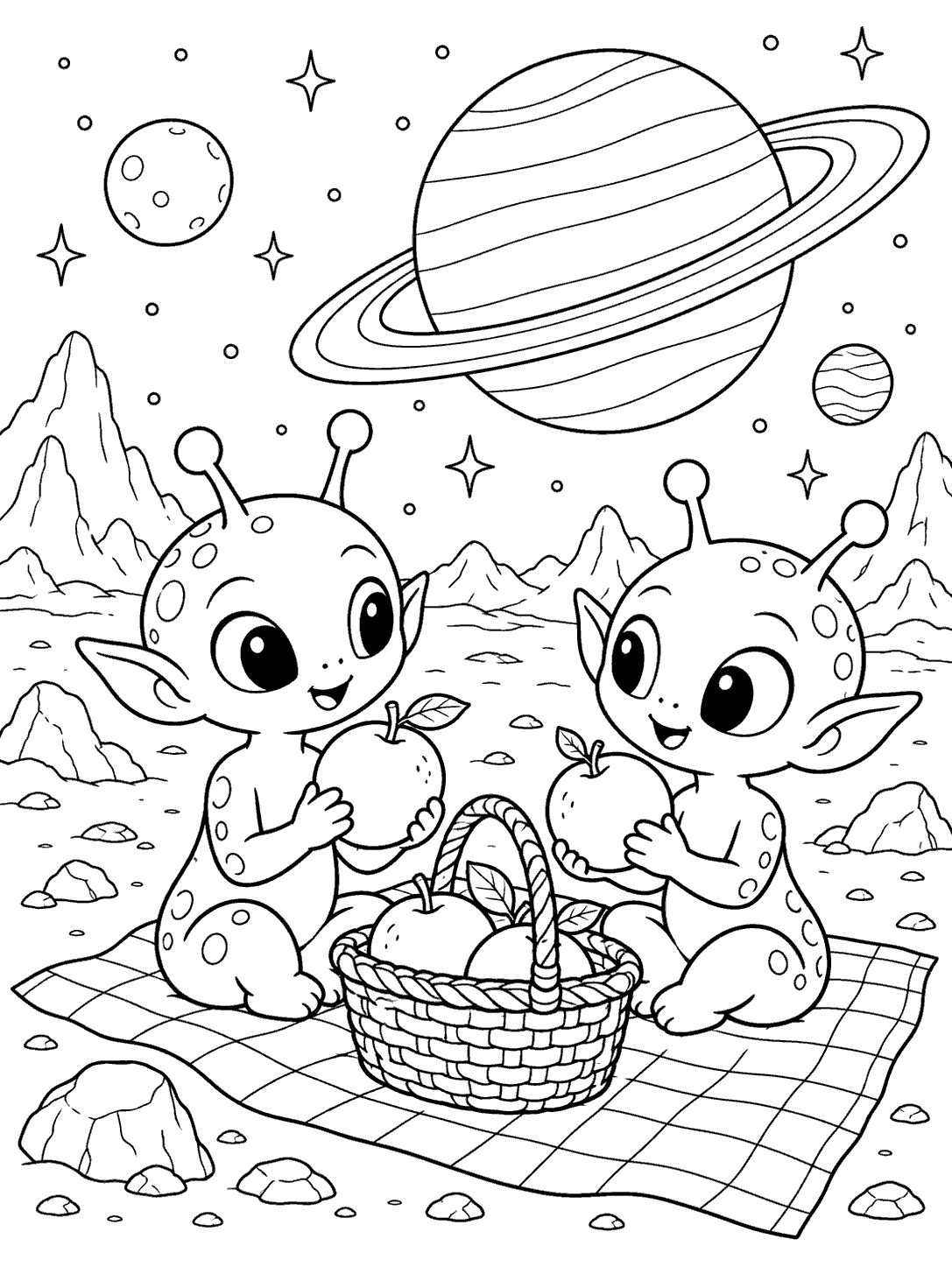 Two big-eyed aliens sit on a checkered picnic blanket sharing round fruits from a basket, with a large ringed planet and stars overhead.